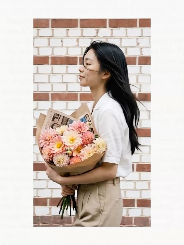 dearmooee 한 사람이 누군가로부터 부드러운 파스텔 톤 꽃다발을 조심스럽게 건네받는 장면, 꽃을 주고받는 순간 손이 살짝 스치고
