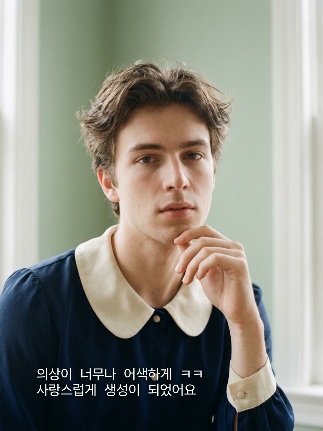 dearmooee 하이패션 에디토리얼 포트레이트, 20대 초반 남성, 순수하고 맑은 분위기, 자연스러운 얼굴, 얼굴 왜곡 없음 브라운
