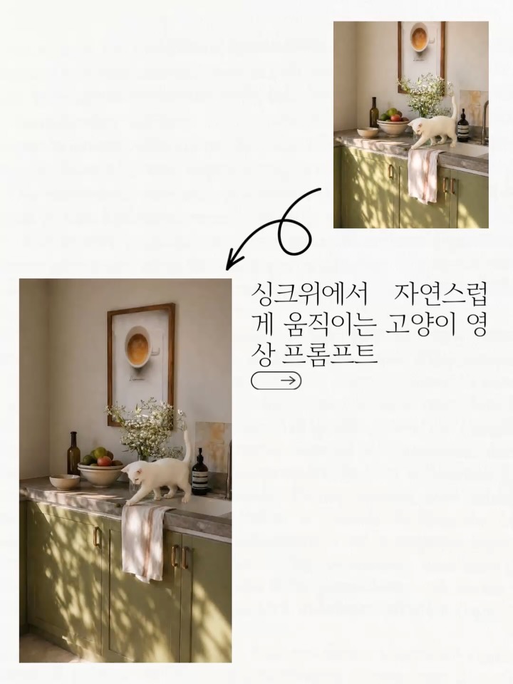 dearmooee 따뜻한 오후 햇살이 들어오는 조용한 주방 장면. 올리브 그린 컬러의 싱크대와 대리석 상판, 과일 볼, 유리병, 흰