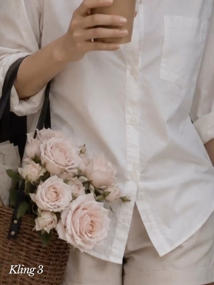 dearmooee 카페 앞 유럽 골목길을 따라 한 여성이 천천히 걸어 나오는 시네마틱 장면. 카메라는 상반신과 손 중심의 자연스러운