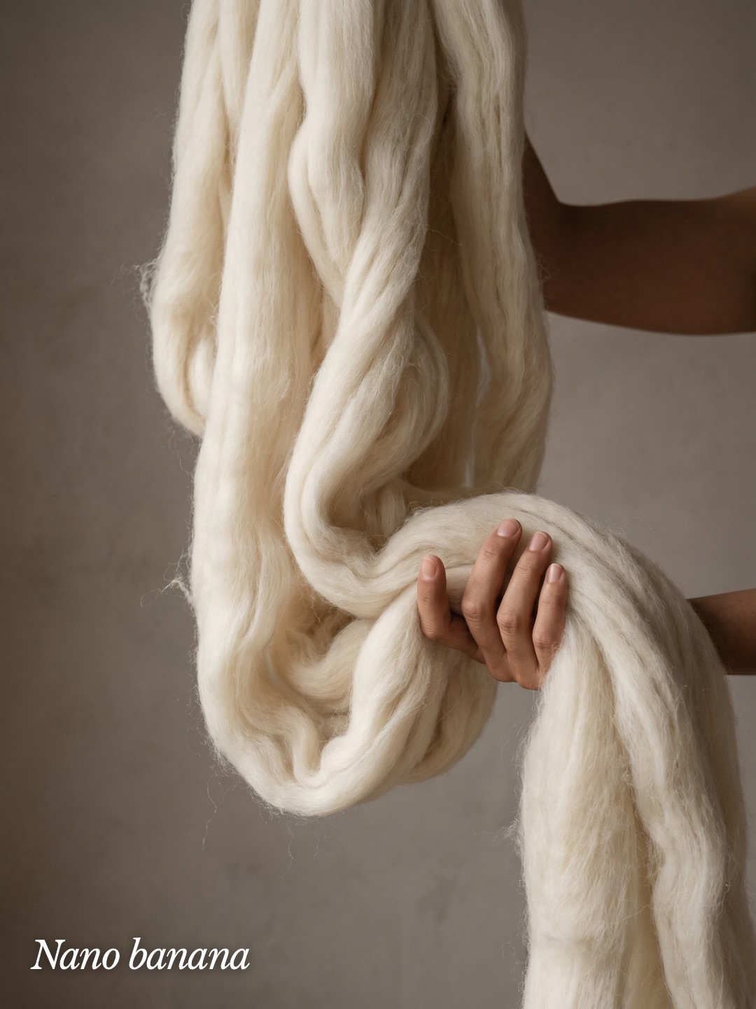 dearmooee 초고해상도 파인아트 텍스타일 에디토리얼 사진. 크림 아이보리 컬러의 천연 양모 로빙 (wool roving)이 길게