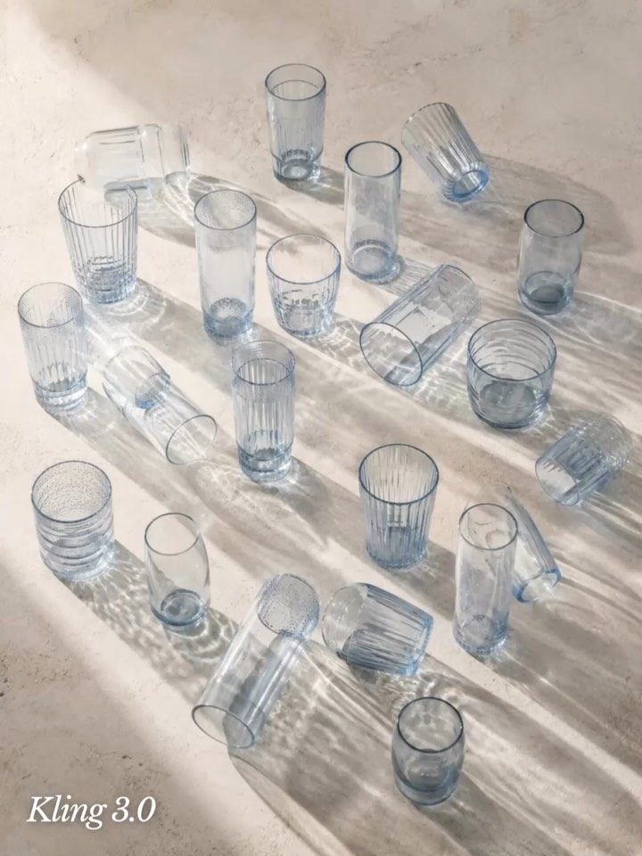 dearmooee 고요한 실내 공간. 여러 개의 연한 블루 유리컵이 크림 베이지스톤 바닥 위에 흩어져 있다. 빛이 바닥 위를 천천히