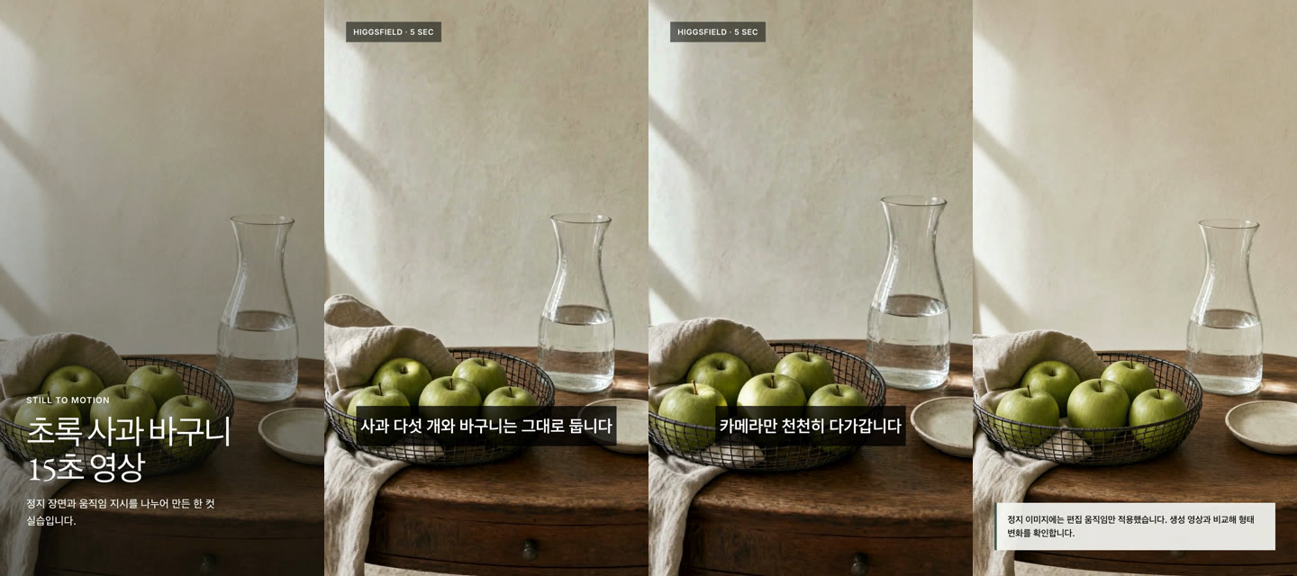 1초·3초·5.5초·8초 프레임을 나란히 붙인 확인 화면. 3초와 5.5초 프레임에만 자막이 보입니다.