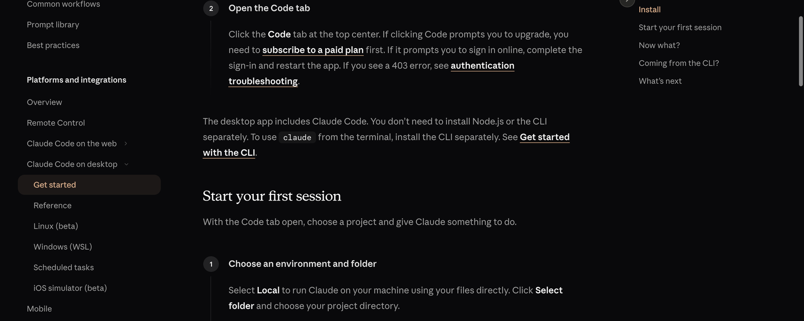 Claude Code 공식 문서에서 Code, Local, Select folder 순서로 프로젝트 폴더를 고르는 화면