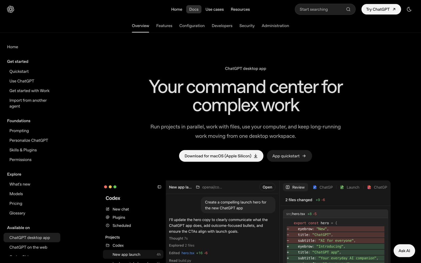 OpenAI 공식 ChatGPT 데스크톱 앱 소개 화면에서 Codex가 선택된 앱 화면