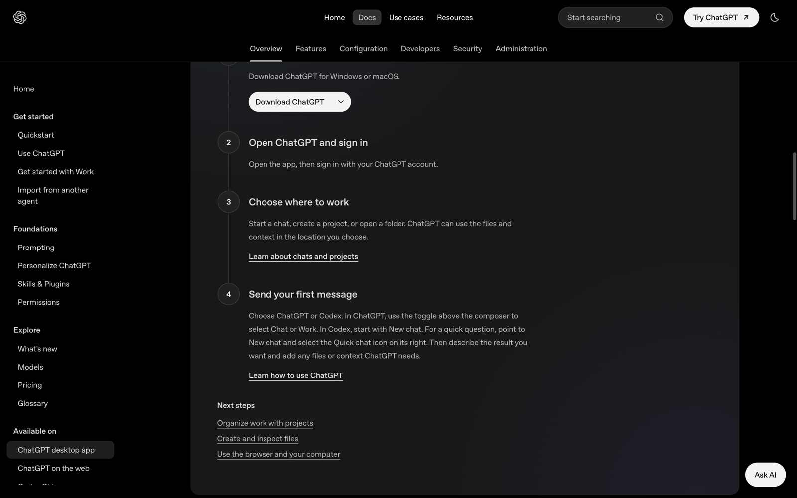 OpenAI 공식 빠른 시작에서 작업 위치를 고르고 ChatGPT 또는 Codex를 선택하는 단계 화면