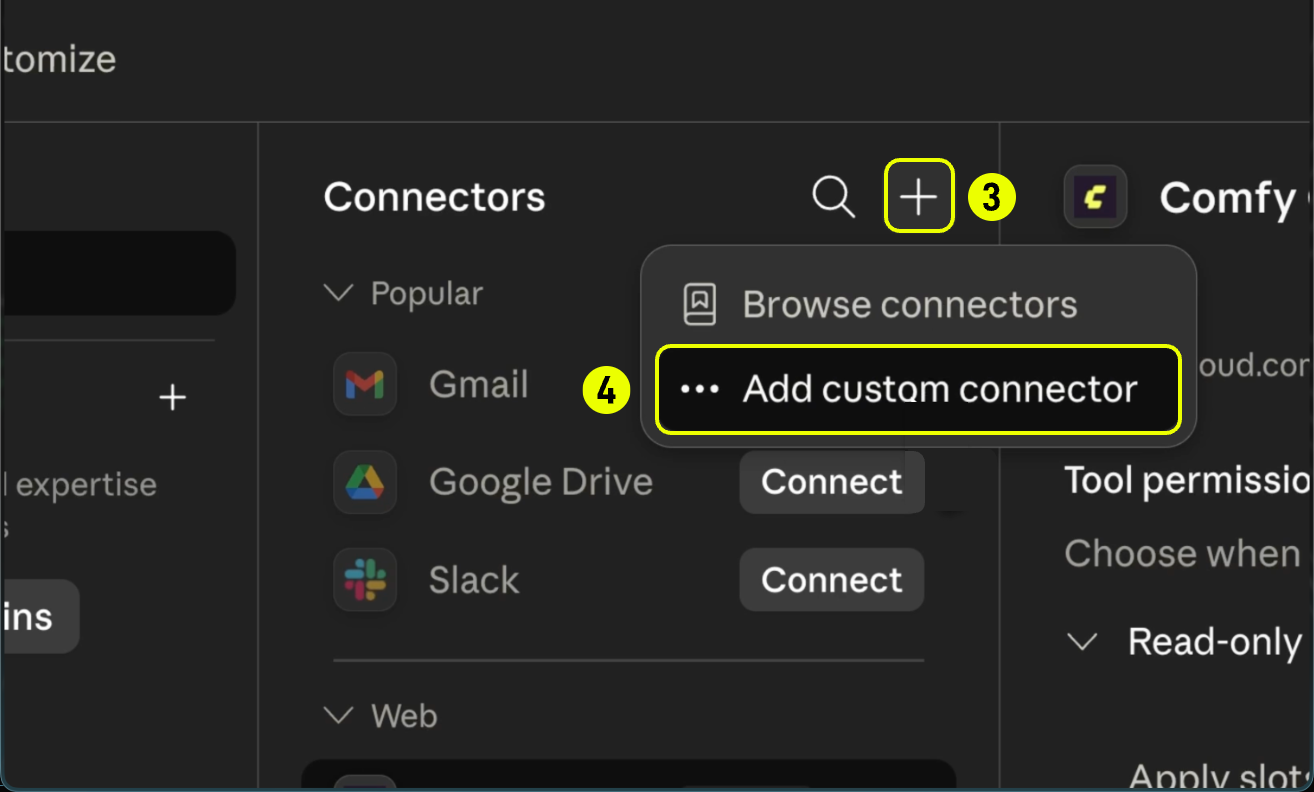 Claude 데스크톱의 Connectors 화면에서 + 버튼을 누르자 Browse connectors와 Add custom connector 메뉴가 열린 모습