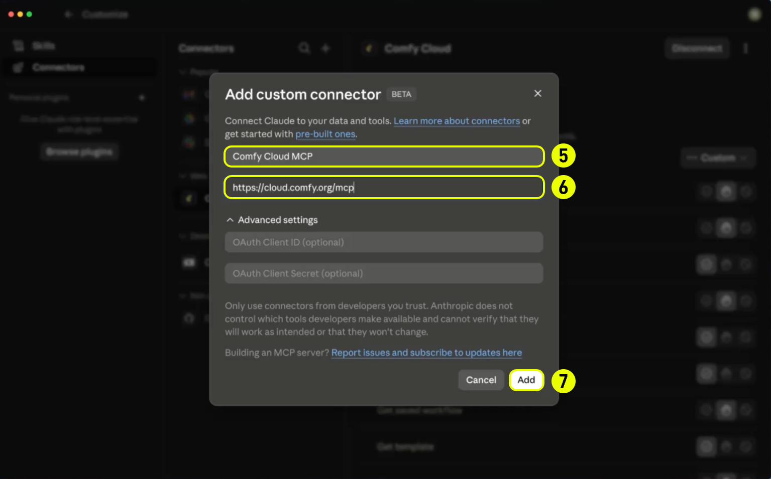 Add custom connector 창의 이름 칸에 Comfy Cloud MCP, 주소 칸에 https://cloud.comfy.org/mcp를 적은 모습