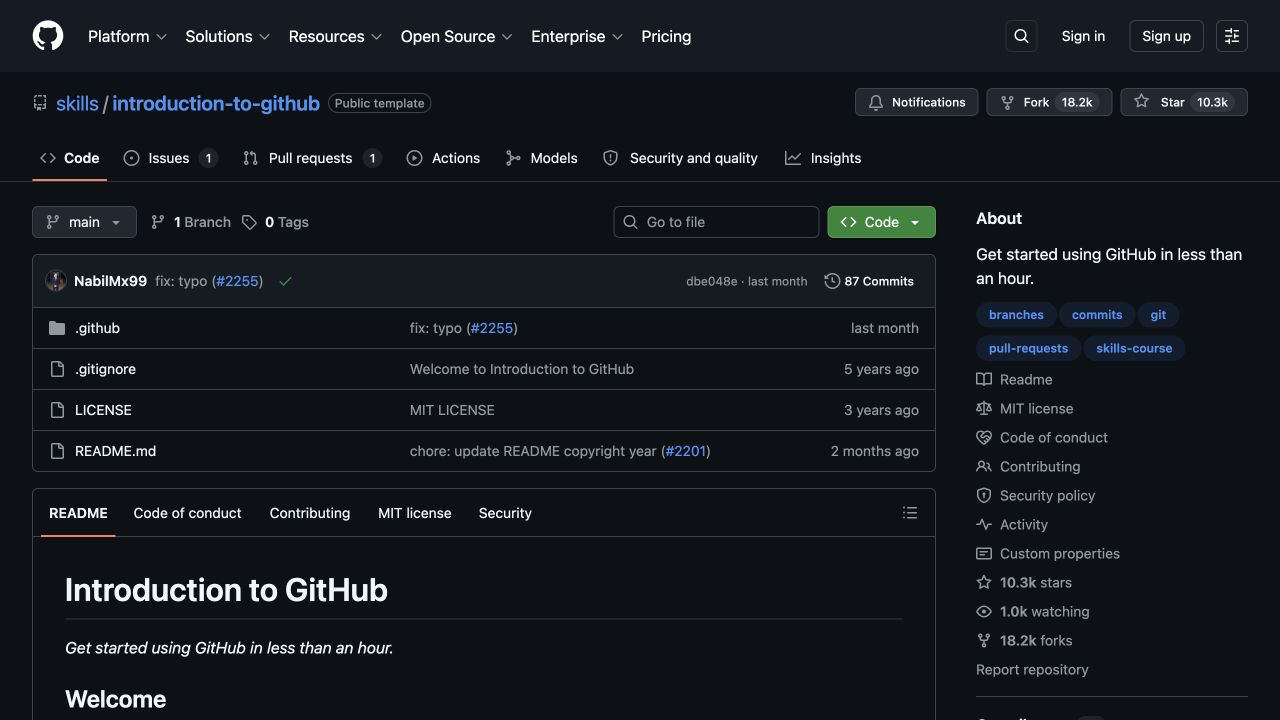 GitHub 저장소의 Code 탭에 저장소 이름, main 브랜치, 최근 커밋, 파일 목록이 보이는 화면