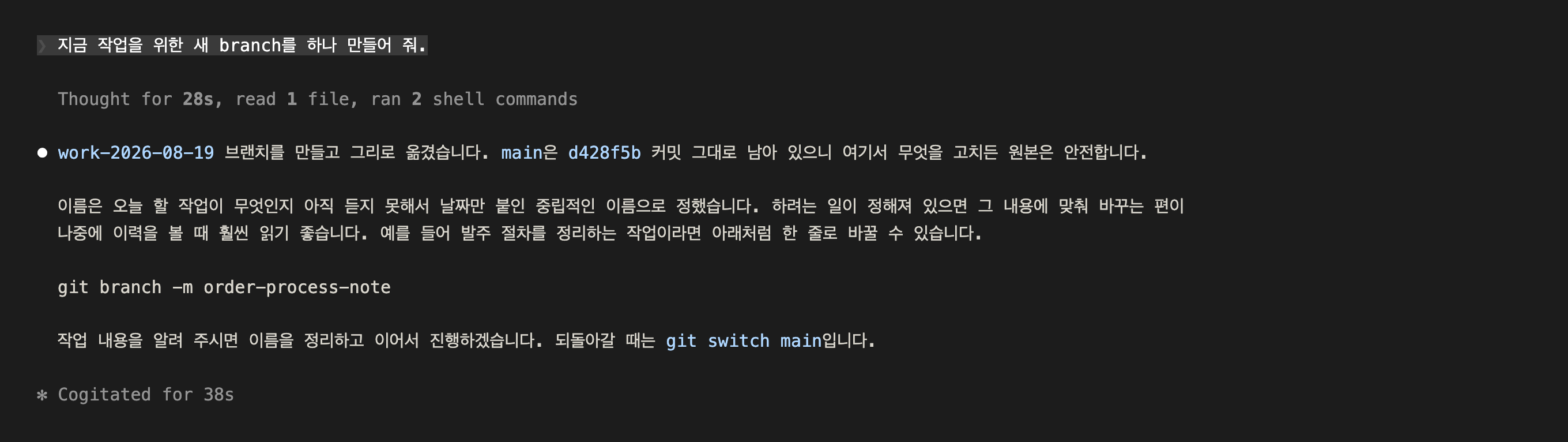 work-2026-08-19 branch를 만들어 이동했고 이름을 날짜로 정한 이유를 설명한 화면