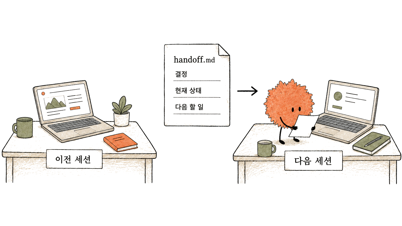 결정·현재 상태·다음 할 일을 요약 파일로 넘깁니다.