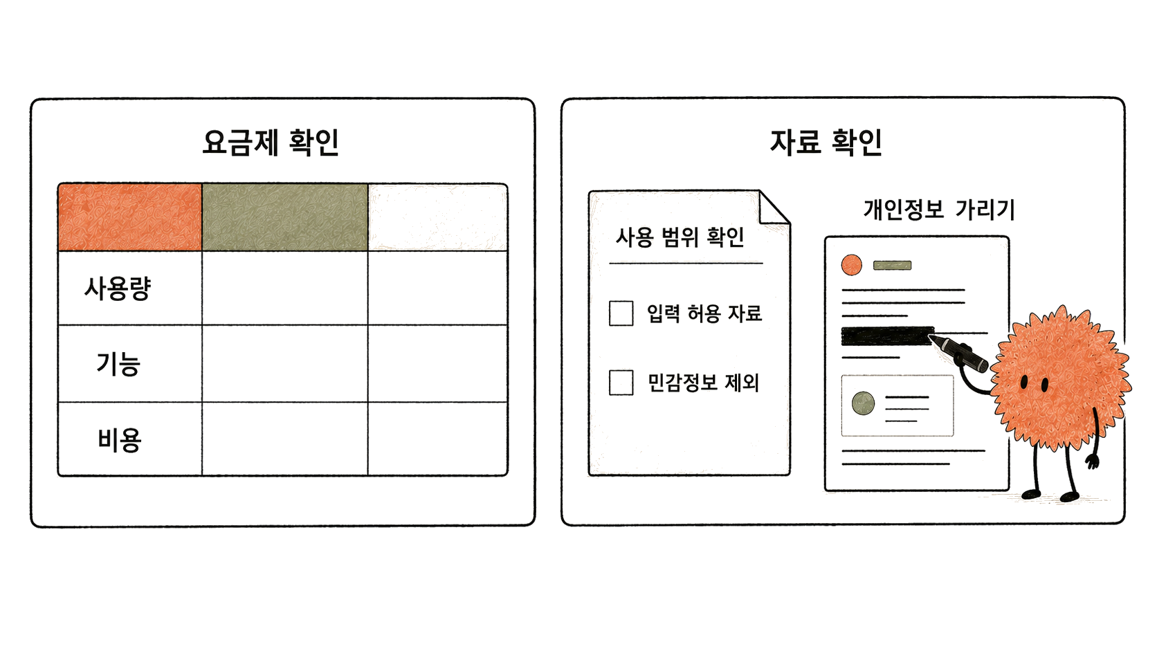 요금제 조건과 자료 입력 허용 범위를 각각 확인합니다.