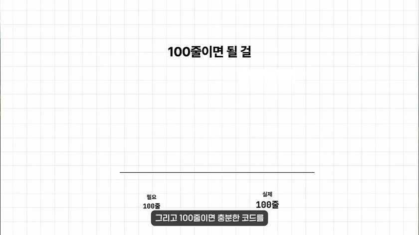 100줄이면 될 작업을 불필요하게 크게 만들지 말라는 문장이 적힌 슬라이드