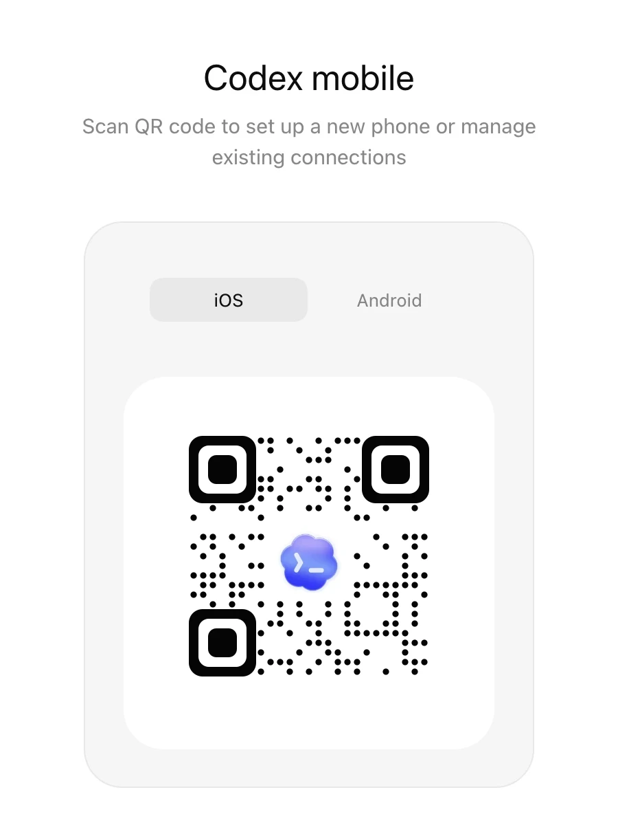 Codex mobile 연결 화면에 iOS와 Android 선택 탭 및 QR 코드가 보이는 공식 화면