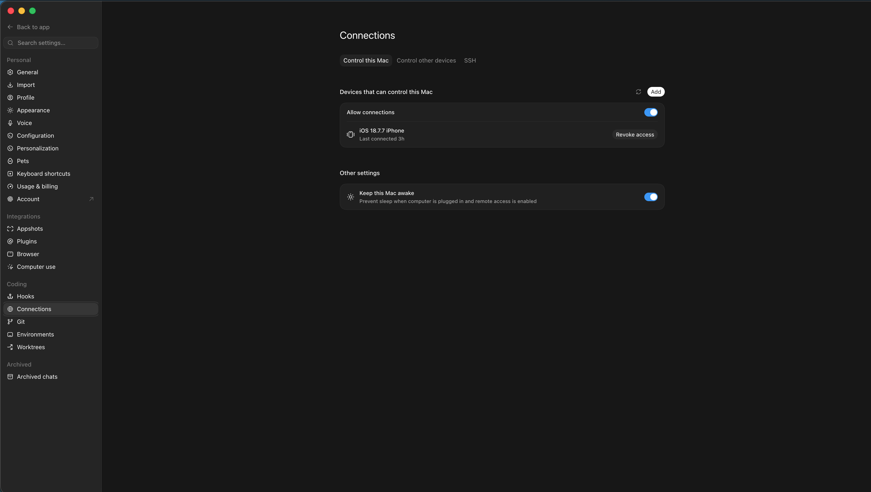 ChatGPT 데스크톱 앱의 Connections 설정에서 Control this Mac 탭과 Add 버튼이 보이는 화면