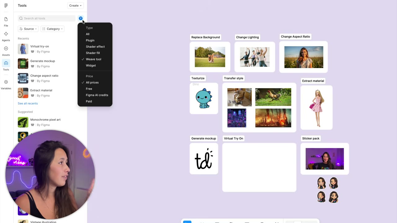 Figma Design Tools 패널에서 Weave 필터와 도구 검색 결과가 보이는 화면