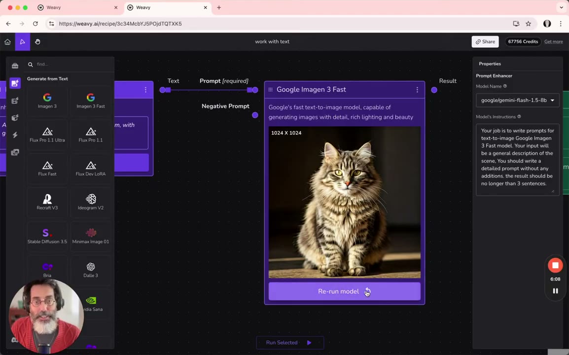 a cat 입력과 확장된 긴 프롬프트 및 생성 결과가 나란히 보이는 Prompt Enhancer 화면