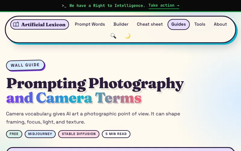 Artificial Lexicon Photography Guide 사이트의 첫 화면. 카메라 형식, 렌즈, 필름, 촬영 각도와 노출 용어가 이미지에 미치는 관계를 예시로 확인합니다.