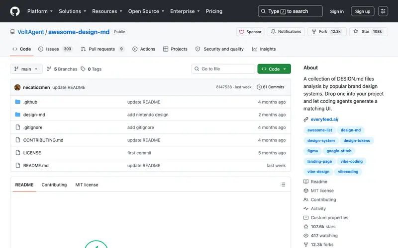 awesome-design-md 사이트의 첫 화면. GitHub에서 브랜드별 DESIGN.md 파일을 직접 비교합니다.