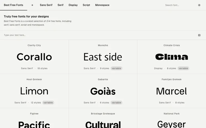 Best Free Fonts 사이트의 첫 화면. 선별된 무료 글꼴을 분류별로 찾아봅니다.