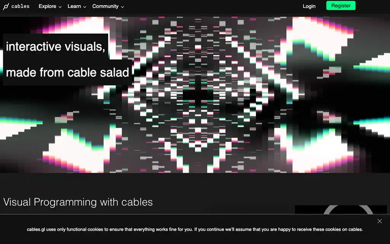 Cables 사이트의 첫 화면. 노드를 연결해 브라우저에서 실시간 생성 그래픽을 만듭니다.