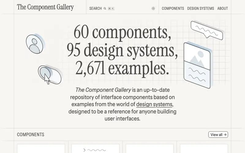 Component Gallery 사이트의 첫 화면. 실제 디자인 시스템의 컴포넌트 명칭, 동작과 구현 예시를 비교합니다.