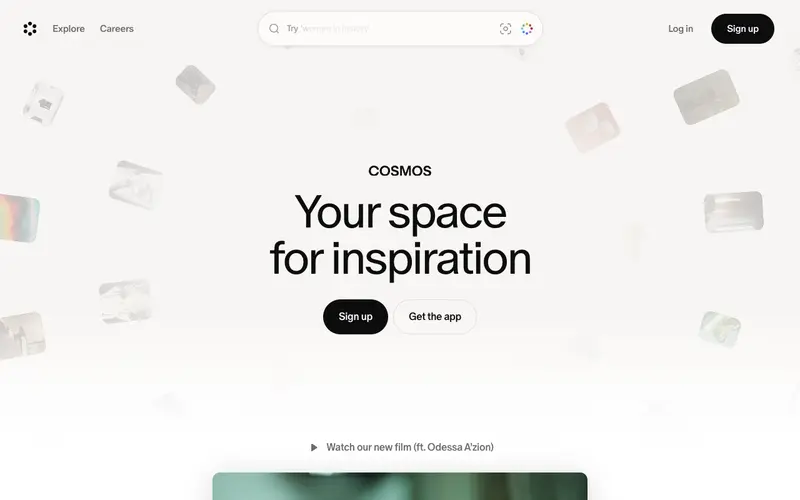 Cosmos 사이트의 첫 화면. 이미지를 탐색하고 취향별 컬렉션과 무드보드를 만듭니다.