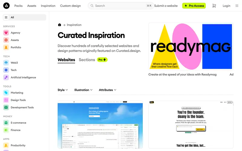 Curated Design 사이트의 첫 화면. 분야별로 선별된 웹사이트를 한곳에서 찾아봅니다.