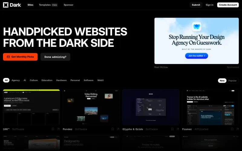 Dark Design 사이트의 첫 화면. 다크 테마 웹사이트를 분야와 화면 구성별로 살펴봅니다.