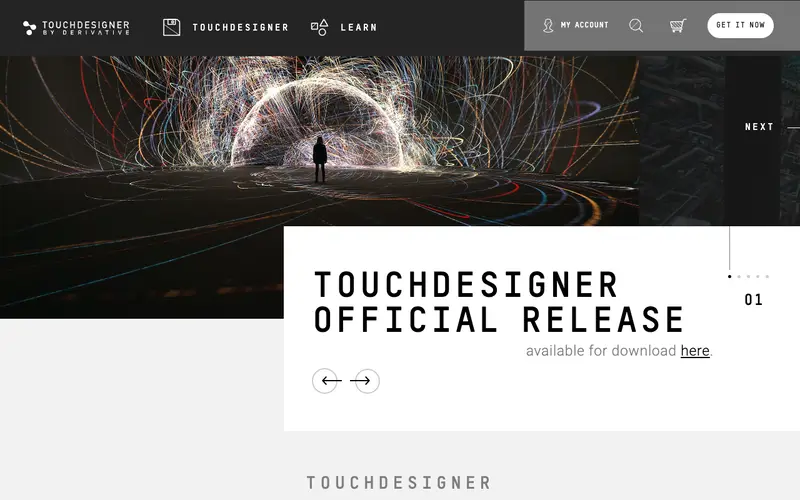 Derivative 사이트의 첫 화면. TouchDesigner로 실시간 비주얼, 설치와 인터랙티브 작업을 만듭니다.