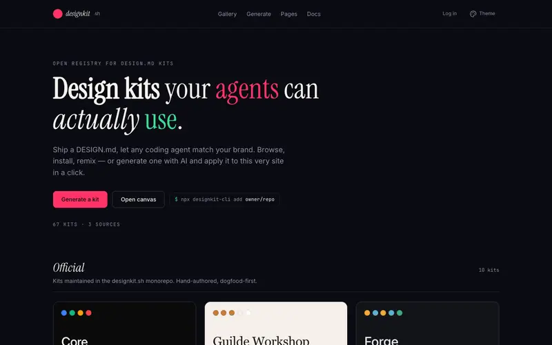 designkit.sh 사이트의 첫 화면. 공개 저장소의 DESIGN.md 키트를 찾아 설치합니다.