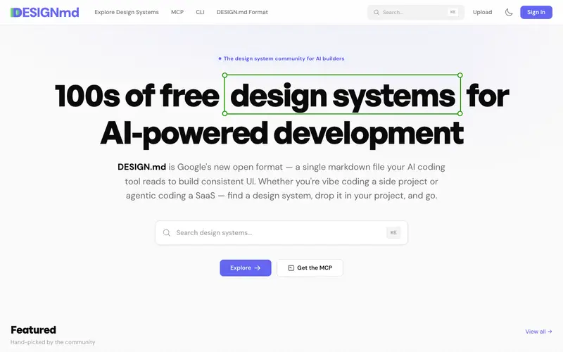 designmd.ai 사이트의 첫 화면. 태그로 DESIGN.md 사례를 찾고 필요한 파일을 받습니다.