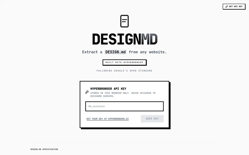 DESIGNMD by Hyperbrowser 사이트의 첫 화면. 사이트 주소를 넣어 Google 규격에 맞춘 DESIGN.md를 뽑습니다. Hyperbrowser API 키가 필요합니다.