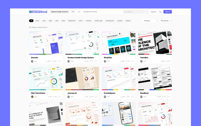 DesignMD.co 사이트의 첫 화면. 브랜드별 색, 글자와 컴포넌트 패턴을 문서로 확인합니다.