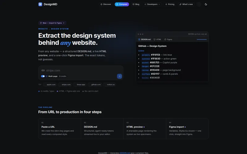 designmd.me 사이트의 첫 화면. 사이트 주소를 넣어 DESIGN.md와 HTML 미리보기를 만듭니다. 무료 크레딧은 한 번 생성할 만큼입니다.
