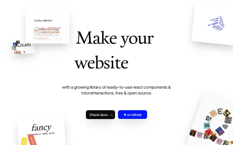 Fancy Components 사이트의 첫 화면. React로 만든 마이크로 인터랙션과 애니메이션 컴포넌트를 사용합니다.