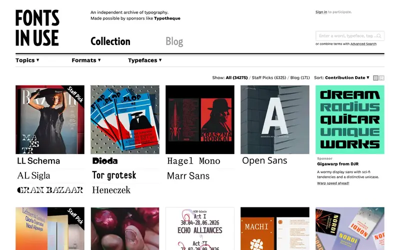 Fonts In Use 사이트의 첫 화면. 실제 책, 포스터, 브랜드와 웹사이트의 글꼴 사용 사례를 봅니다.