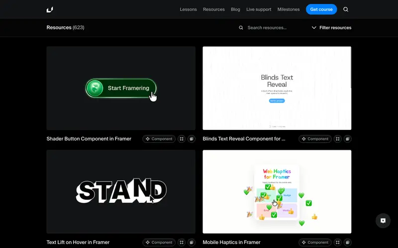 Framer University Resources 사이트의 첫 화면. Framer용 컴포넌트, 애니메이션과 템플릿을 찾아봅니다.