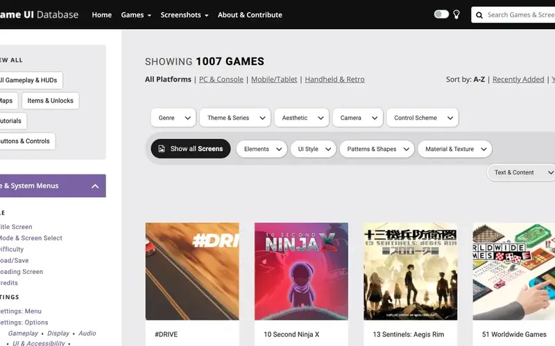 Game UI Database 사이트의 첫 화면. 게임 화면을 장르와 UI 유형별로 찾아봅니다.