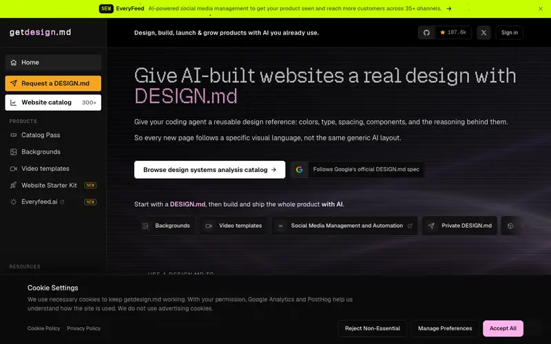 getdesign.md 사이트의 첫 화면. 유명 서비스의 디자인 기준을 DESIGN.md 파일로 살펴봅니다.