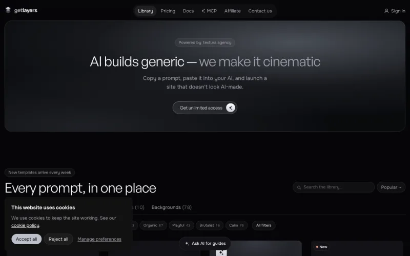GetLayers 사이트의 첫 화면. 랜딩 페이지의 시각 방향과 구성을 설명하는 프롬프트를 찾아 AI 웹 제작 도구에 사용합니다.