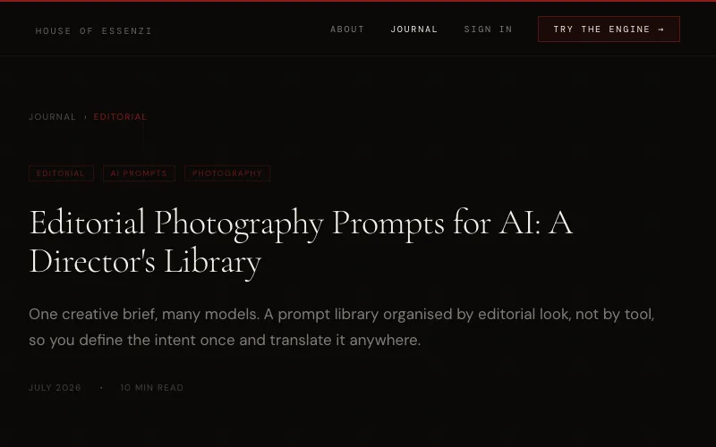 House of Essenzi Editorial Prompt Library 사이트의 첫 화면. 에디토리얼 사진의 의도를 피사체, 의상·재질, 빛, 카메라, 색, 분위기와 구도의 순서로 정리한 가이드입니다.