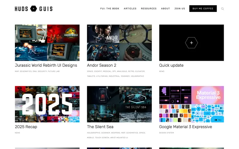 HUDS+GUIS 사이트의 첫 화면. 영화와 게임에 등장하는 미래형 가상 인터페이스를 봅니다.