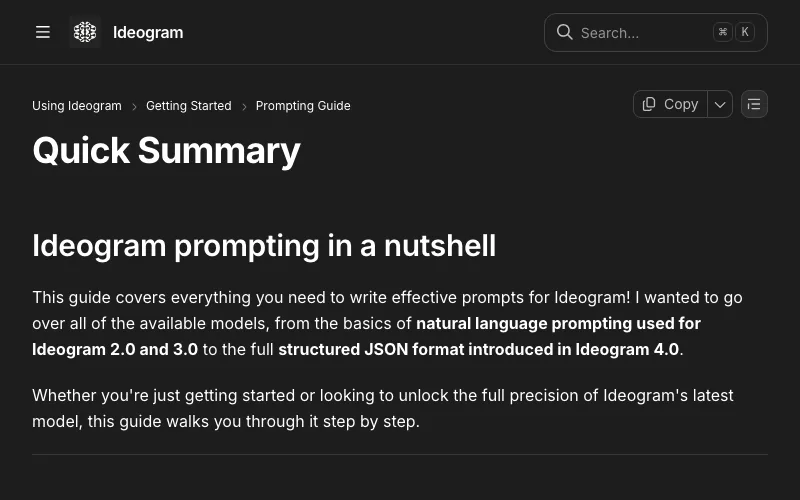 Ideogram Prompting Guide 사이트의 첫 화면. 피사체, 행동, 배경, 모양, 색, 재질과 빛을 눈에 보이는 말로 구성하는 공식 프롬프트 안내입니다.