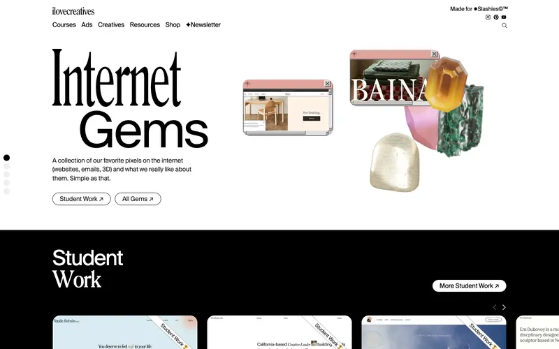 ilovecreatives Internet Gems 사이트의 첫 화면. 선별한 웹사이트를 이커머스, 포트폴리오, 사진과 문화 분야별로 살펴봅니다.