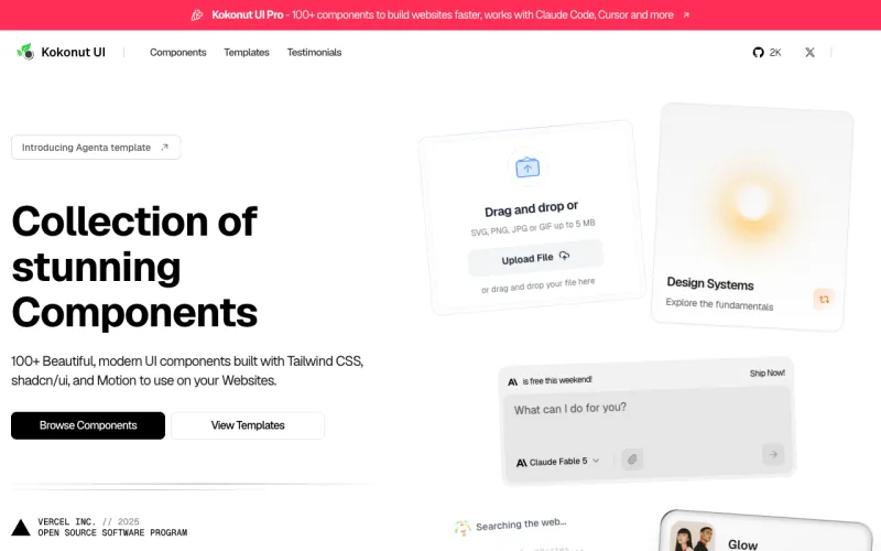 Kokonut UI 사이트의 첫 화면. 카드, 버튼과 AI 채팅 화면을 포함한 shadcn 기반 React 컴포넌트를 찾습니다.