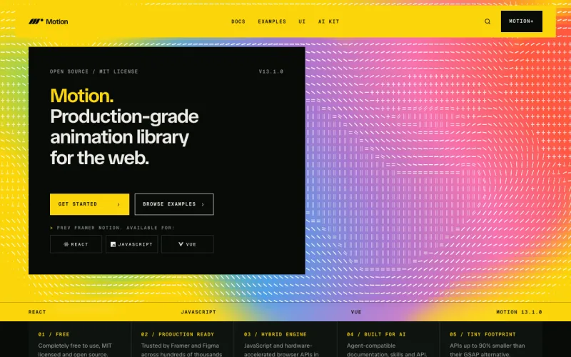 Motion 사이트의 첫 화면. React, JavaScript와 Vue에서 전환, 제스처와 레이아웃 애니메이션을 구현하는 문서와 예시를 봅니다.