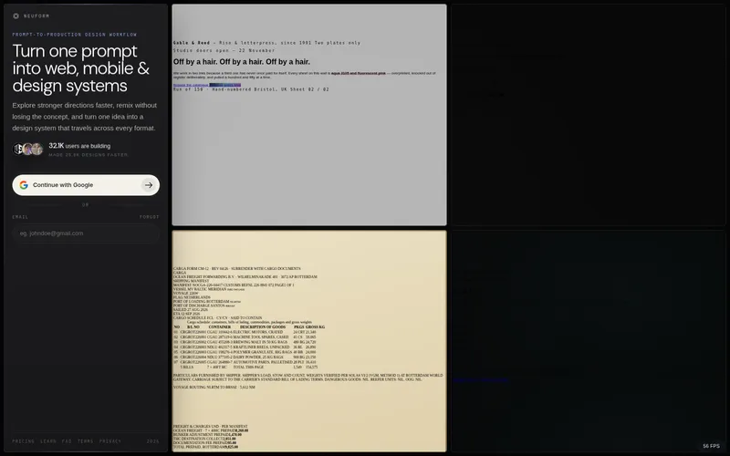 Neuform 사이트의 첫 화면. 프롬프트로 랜딩페이지를 만들면 DESIGN.md가 함께 나옵니다. 템플릿 열람은 무료이고 생성은 유료 플랜입니다.