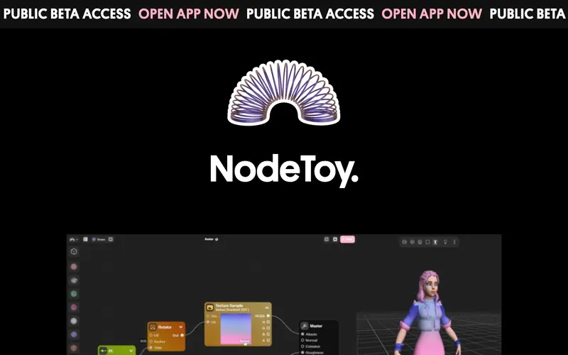 NodeToy 사이트의 첫 화면. 노드로 셰이더 그래프를 만들고 Three.js 작업에 연결합니다.