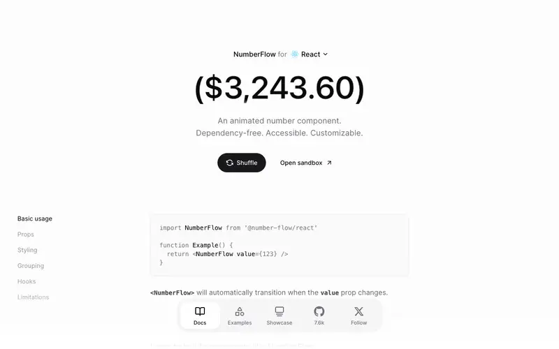 NumberFlow 사이트의 첫 화면. 값이 바뀔 때 숫자가 부드럽게 전환되는 React 컴포넌트를 사용합니다.